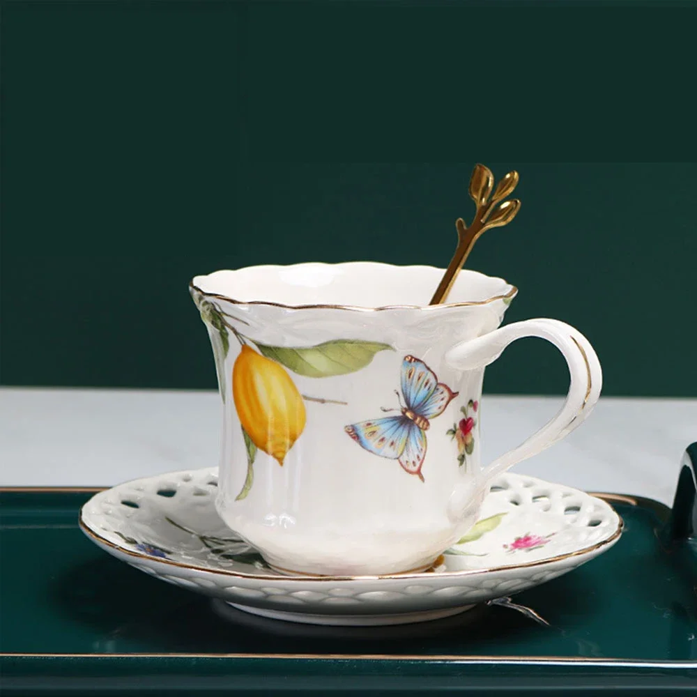 European ceramic lemon butterfly coffee cup and saucer set with spoons British afternoon tea set 100ML small capacity
European ceramic lemon butterfly coffee cup and saucer set with spoons British afternoon tea set 100ML small capacity