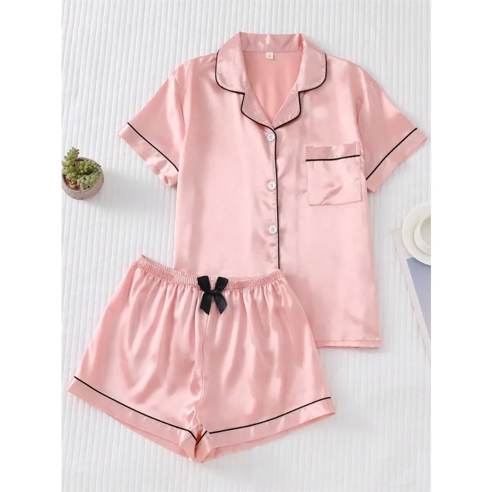 2pcs Satin Pajama Set, Women Short Sleeve Notched Collar Top And Bowknot Shorts Sleepwear Home Clothes,Two Pieces Set
2pcs Satin Pajama Set, Women Short Sleeve Notched Collar Top And Bowknot Shorts Sleepwear Home Clothes,Two Pieces Set