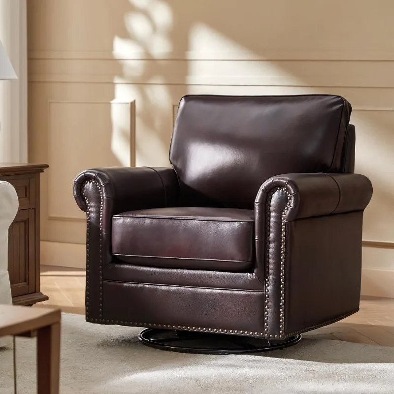 Swivel Accent Chair Genuine Leather Barrel Rocker Chair with Metal Base Transitional Armchair Padded Round Armrest, 
Swivel Accent Chair Genuine Leather Barrel Rocker Chair with Metal Base Transitional Armchair Padded Round Armrest,