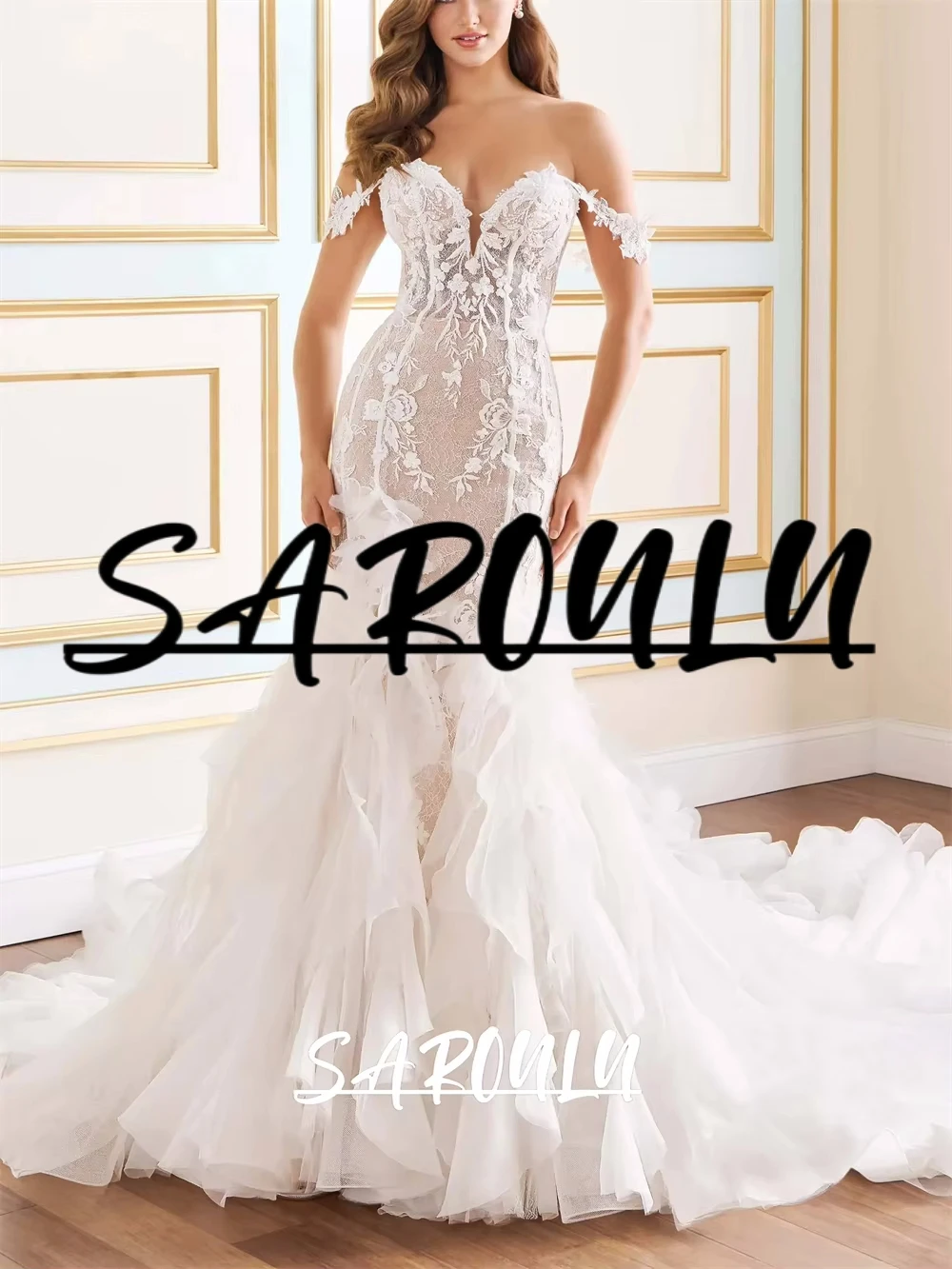 Romantic Ruffled Skirt Wedding Dress with Lace Appliques, Off-the-Shoulder Mermaid Bridal Gown Customized Bride Dresses
Romantic Ruffled Skirt Wedding Dress with Lace Appliques, Off-the-Shoulder Mermaid Bridal Gown Customized Bride Dresses