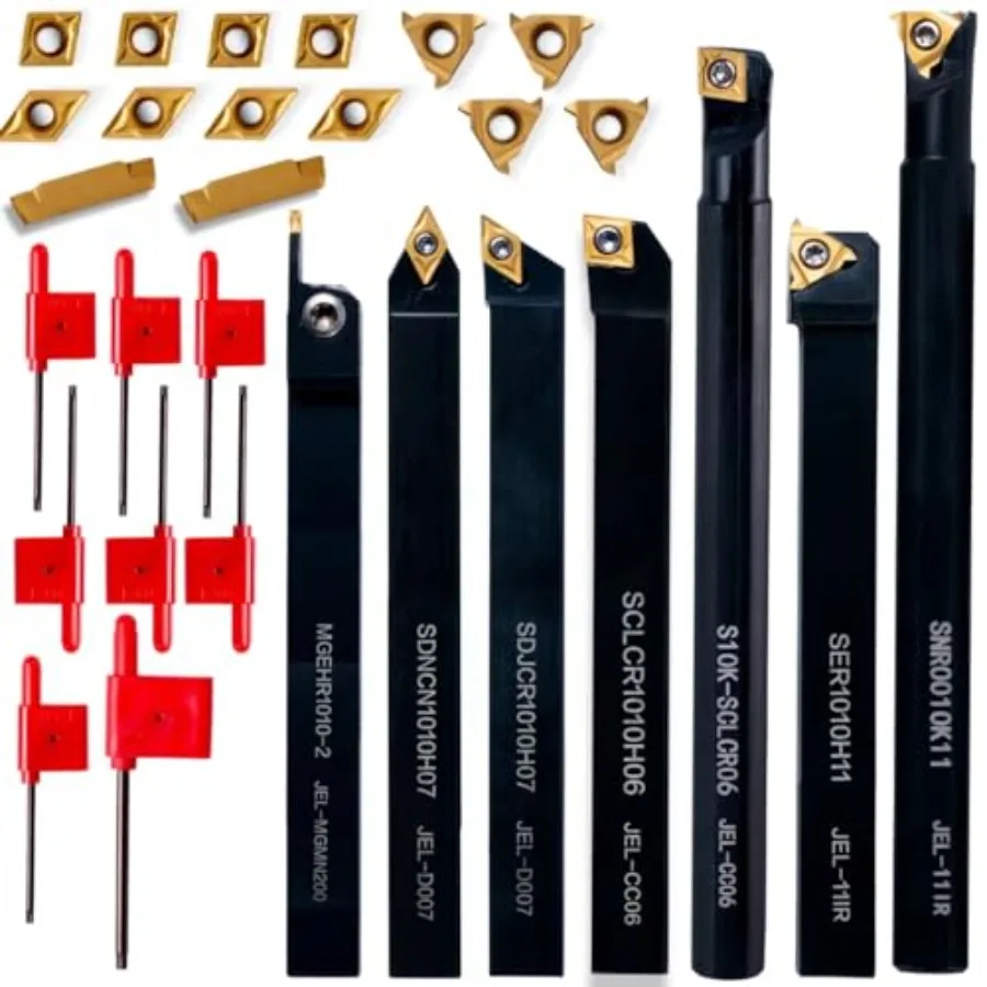 Carbide Lathe Tools - Lath Threading Bit Set 21pcs - 7pcs 3/8" Turning Holder Boring Bars and 14pcs Indexable Cutting Inserts G
Carbide Lathe Tools - Lath Threading Bit Set 21pcs - 7pcs 3/8" Turning Holder Boring Bars and 14pcs Indexable Cutting Inserts G