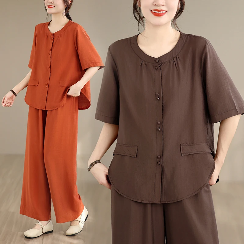 Summer New Cotton Linen Loose Top Shirt Elastic Waist Wide Leg Pants Two Piece Set plus Size Women's Clothing Color
Summer New Cotton Linen Loose Top Shirt Elastic Waist Wide Leg Pants Two Piece Set plus Size Women's Clothing Color
