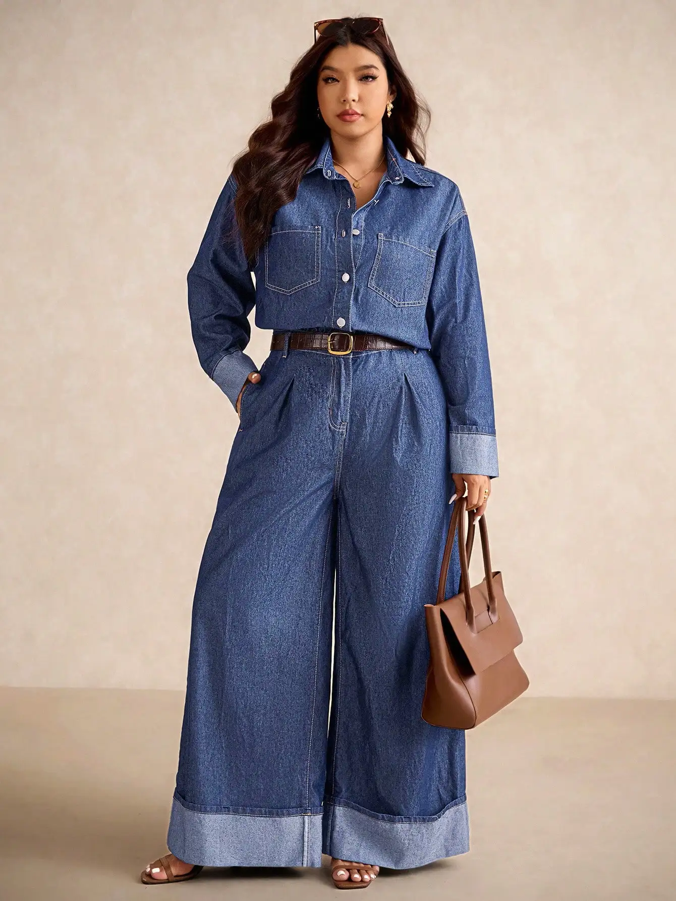 Plus Size Casual Button Up Denim Jumpsuit With Pockets Loose Fit Wide Leg
Plus Size Casual Button Up Denim Jumpsuit With Pockets Loose Fit Wide Leg