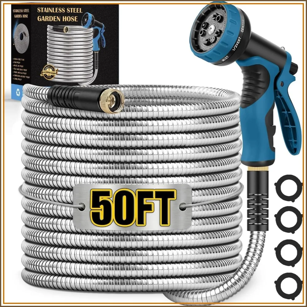 50FT Metal Garden Hose, Stainless Steel, Kink-Free, Pet Proof, 550PSI, Lightweight with 10-Function Nozzle & Brass Fittings
50FT Metal Garden Hose, Stainless Steel, Kink-Free, Pet Proof, 550PSI, Lightweight with 10-Function Nozzle & Brass Fittings