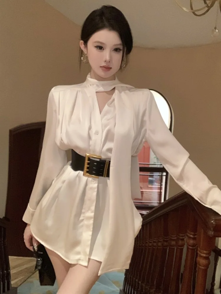 White Satin Shirt Dress Women's Autumn High Waist A-Line Short Skirt Long Sleeve Korean Style Commute Slim Fit V-Neck Dress
White Satin Shirt Dress Women's Autumn High Waist A-Line Short Skirt Long Sleeve Korean Style Commute Slim Fit V-Neck Dress