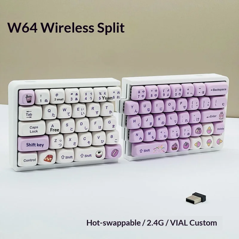 Fmouse W64 Wireless Split Mechanical Keyboard 2.4g Ergonomic Hot Swappable Vial Custom Programmable Left Shift Japanese Keycaps