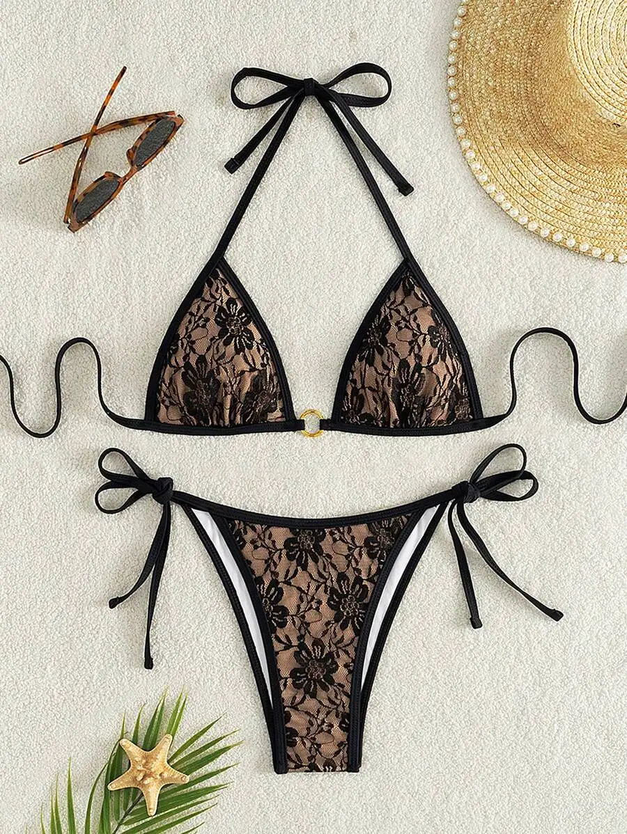 Женский черный комплект бикини с цветочным кружевом и регулируемыми завязками
Женский черный комплект бикини с цветочным кружевом и регулируемыми завязками