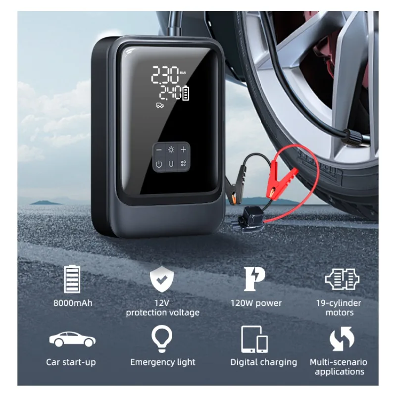 S03 2-in-1 Portable Jump Starter with Air Compressor Tire Inflator Factory Supplier with Power Bank Tire Inflator Pump 160PSI
S03 2-in-1 Portable Jump Starter with Air Compressor Tire Inflator Factory Supplier with Power Bank Tire Inflator Pump 160PSI