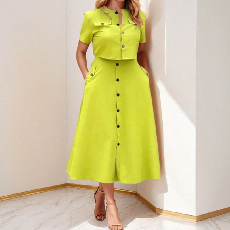 Elegant Office Button Solid Color Suit Casual Streetwear Pocket Outfit Women Retro O Neck Short Sleeved Top with Long Skirt Set
Elegant Office Button Solid Color Suit Casual Streetwear Pocket Outfit Women Retro O Neck Short Sleeved Top with Long Skirt Set