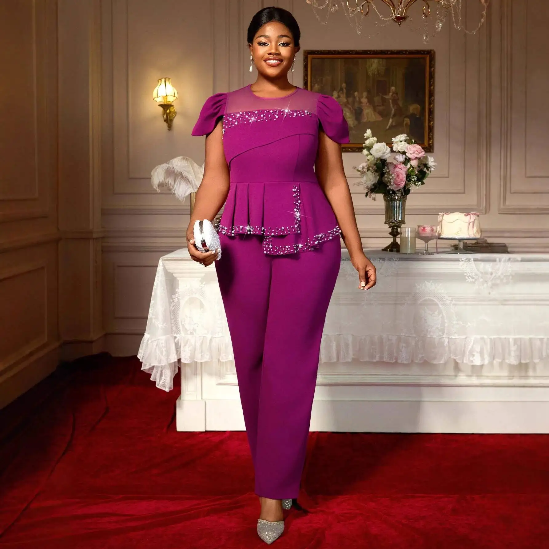 Plus-size Women's Beaded Jumpsuit, Slimming For Plus-size Ladies, With Puff Sleeves And A Waist-cinching Design, Suitable For
Plus-size Women's Beaded Jumpsuit, Slimming For Plus-size Ladies, With Puff Sleeves And A Waist-cinching Design, Suitable For