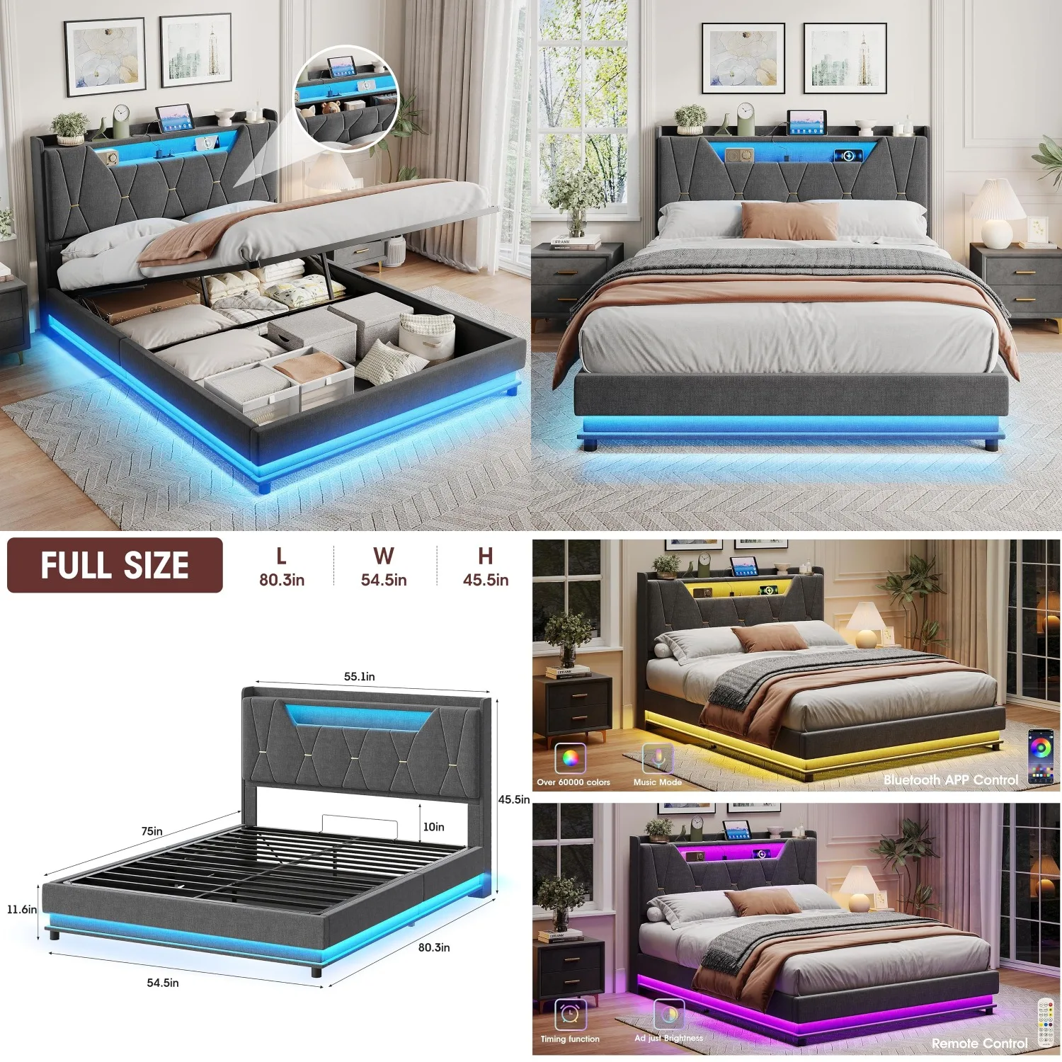 Full Size Lift Up Storage Bed Frame LED USB Platform Headboard Silent No Box Spring, Customized
Full Size Lift Up Storage Bed Frame LED USB Platform Headboard Silent No Box Spring, Customized