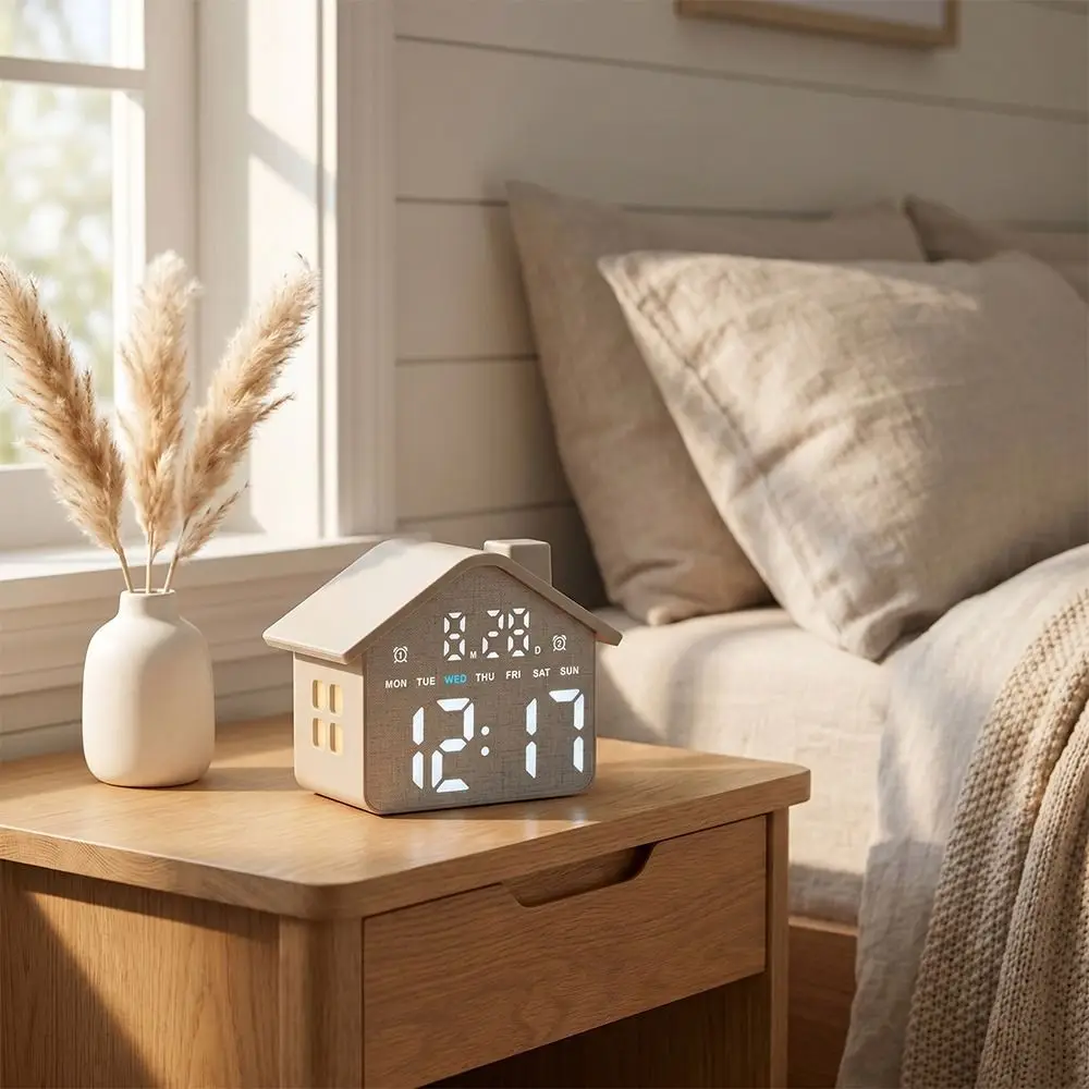 Voice Control LED Digital Alarm Clock Week Display Brightness Adjustment House Shaped Clock 12/24H Format Date Display
Voice Control LED Digital Alarm Clock Week Display Brightness Adjustment House Shaped Clock 12/24H Format Date Display