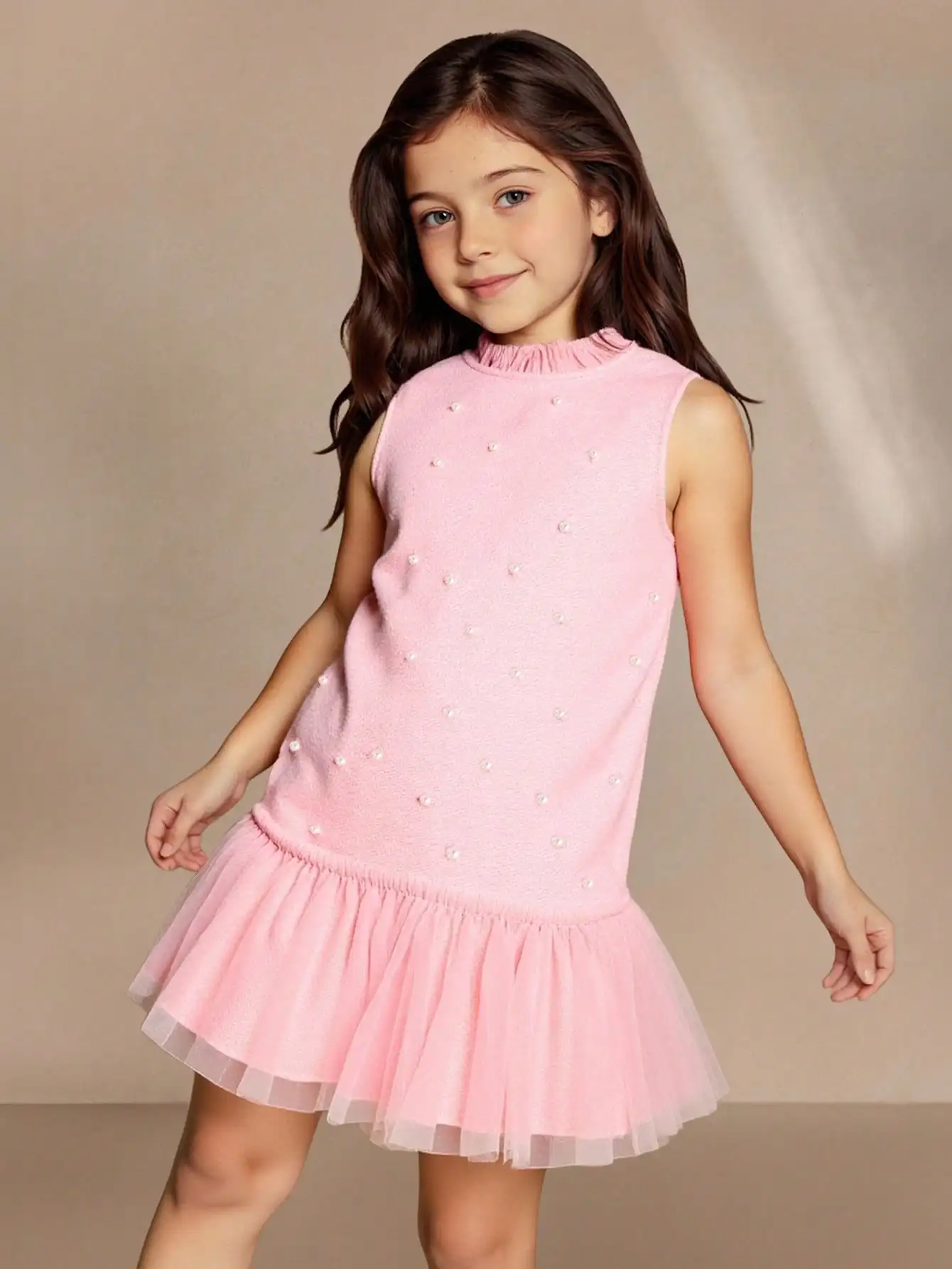 Pink Sleeveless Girls Dress with Pearl Embellishments and Tulle Skirt
Pink Sleeveless Girls Dress with Pearl Embellishments and Tulle Skirt