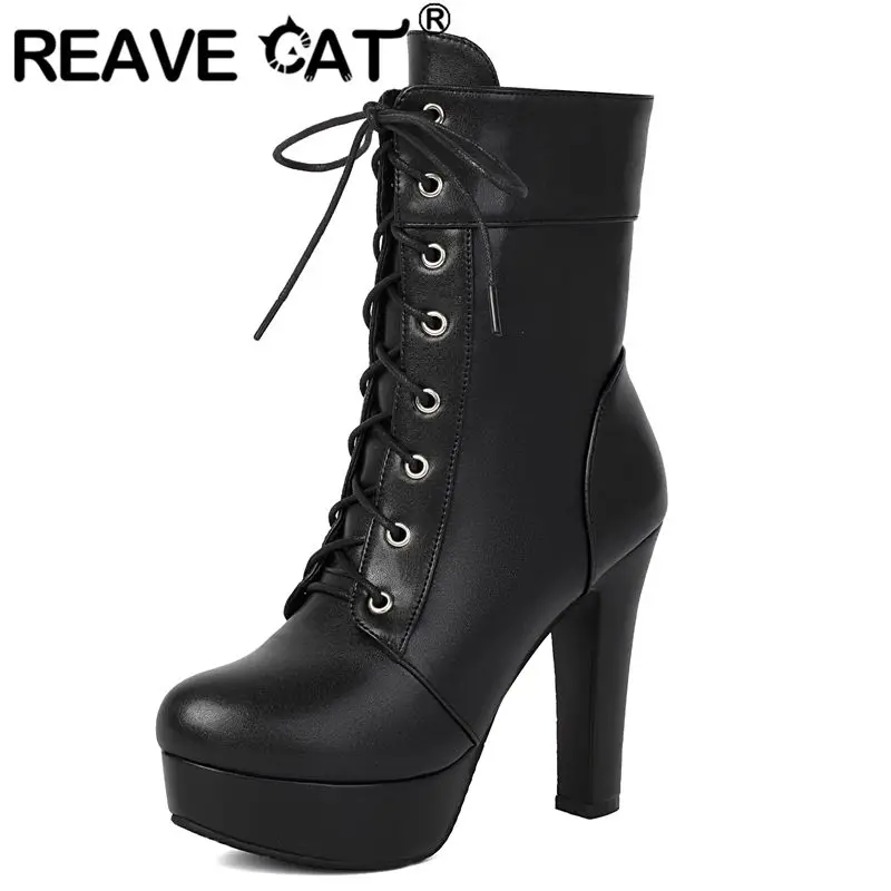 REAVE CAT Black Female Ankle Boots Round Toe 11.5cm Block Heel 3cm Platform Zipper Lace Up Extended Size 46 47 Office Lady Bota
REAVE CAT Black Female Ankle Boots Round Toe 11.5cm Block Heel 3cm Platform Zipper Lace Up Extended Size 46 47 Office Lady Bota