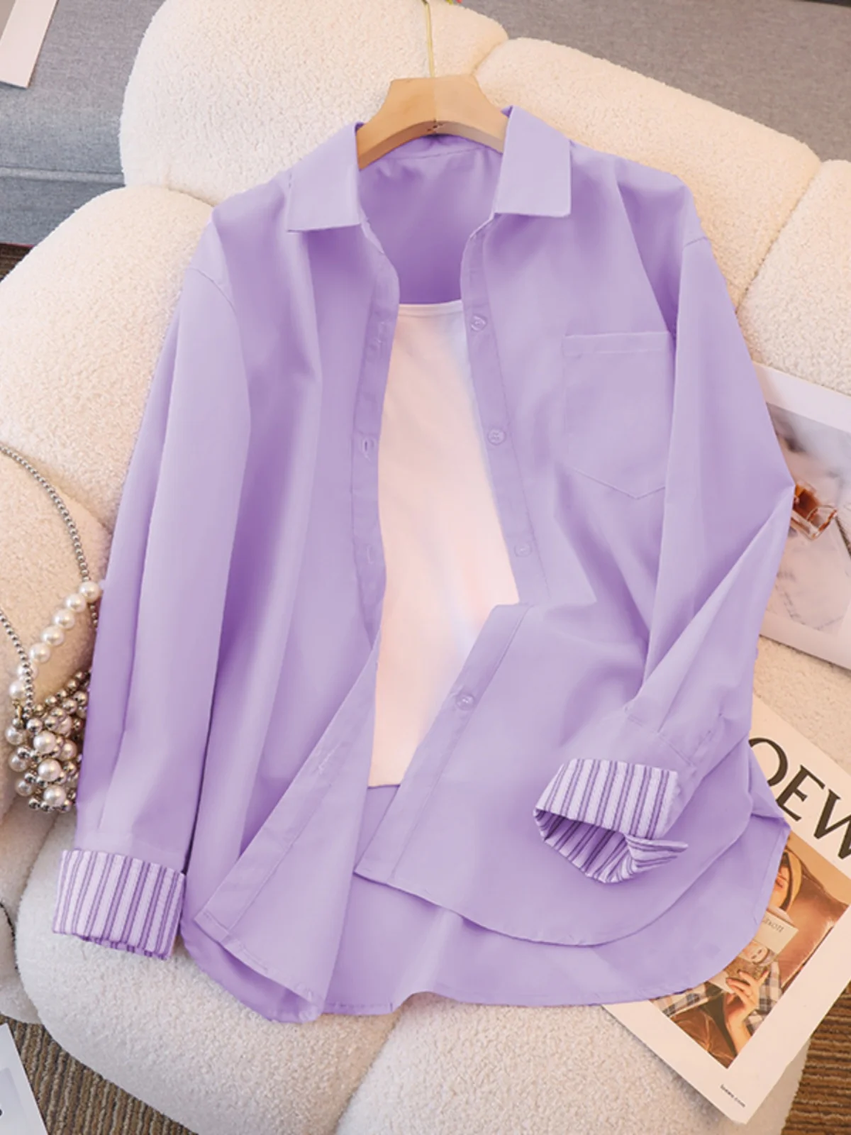 Loose Women's Striped irt Purple Patchwork Single Button Long Sve Vintage Design Spring Faion Outerwear Korean Sle
Loose Women's Striped irt Purple Patchwork Single Button Long Sve Vintage Design Spring Faion Outerwear Korean Sle