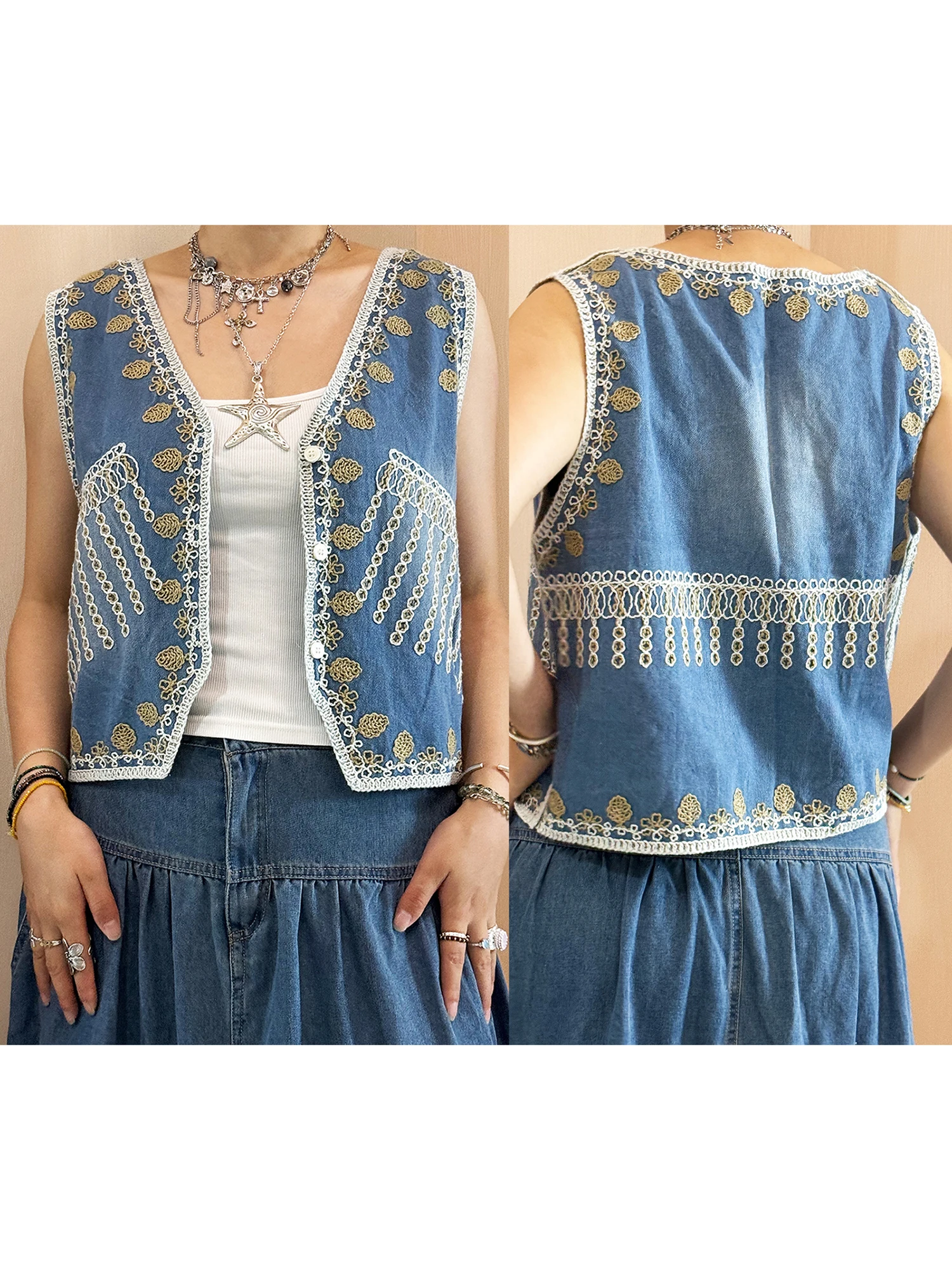 Sleeveless Denim Vest Jacket with Floral Embroidery V Neck Button-up Crop Top for Women Summer Streetwear Fashion
Sleeveless Denim Vest Jacket with Floral Embroidery V Neck Button-up Crop Top for Women Summer Streetwear Fashion
