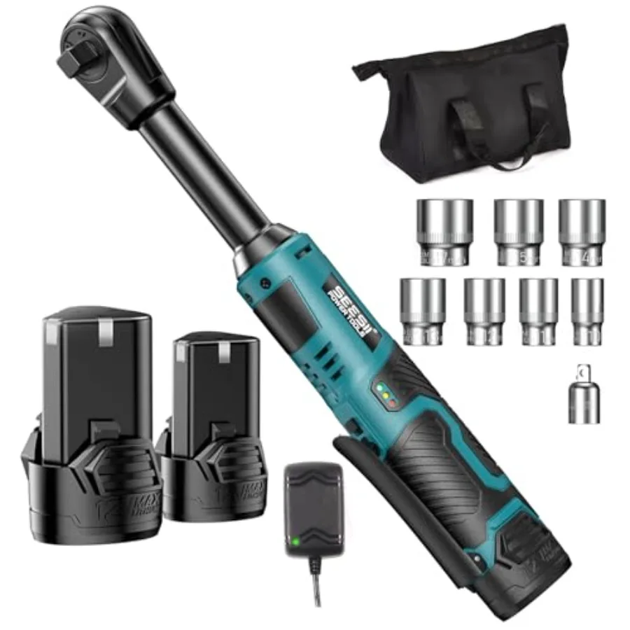 Extended Cordless Electric Ratchet Wrench 3/8" 40 Ft-lbs Torque 6" Long Neck 220RPM 2 Pack 2.0Ah Battery Fast Charger 1/4 Drive
Extended Cordless Electric Ratchet Wrench 3/8" 40 Ft-lbs Torque 6" Long Neck 220RPM 2 Pack 2.0Ah Battery Fast Charger 1/4 Drive
