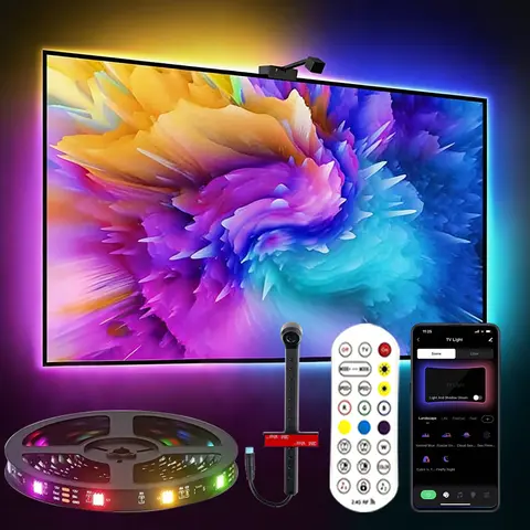 Rétro-éclairage TV LED avec capteur de couleur RGB-IC, bande lumineuse LED, contrôle par application, synchronisation de la musique, lumière ambiante pour PC/TV 55-75 pouces