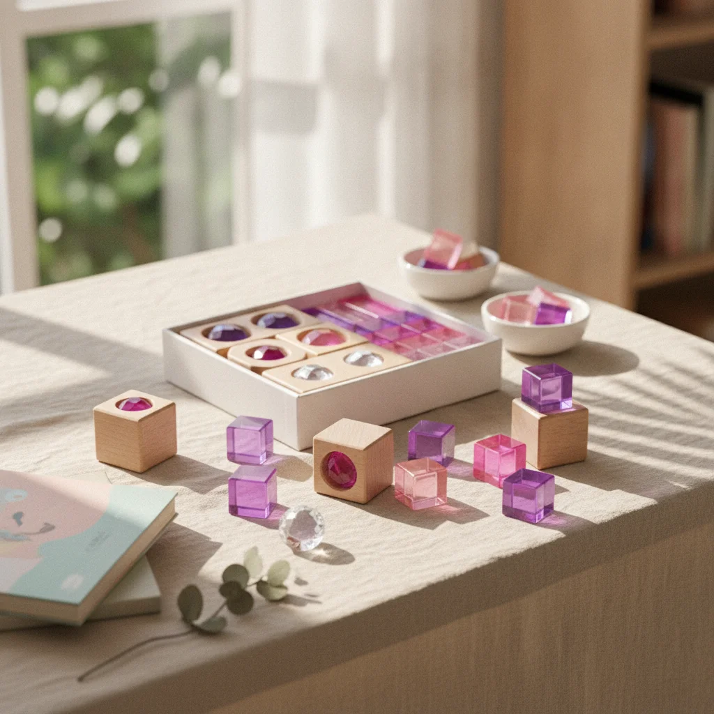 Geometric Building Blocks Wood and Acrylic Aspect Cristal Rainbow Stacking Blocks for Creative Learning Sensory Play
Geometric Building Blocks Wood and Acrylic Aspect Cristal Rainbow Stacking Blocks for Creative Learning Sensory Play