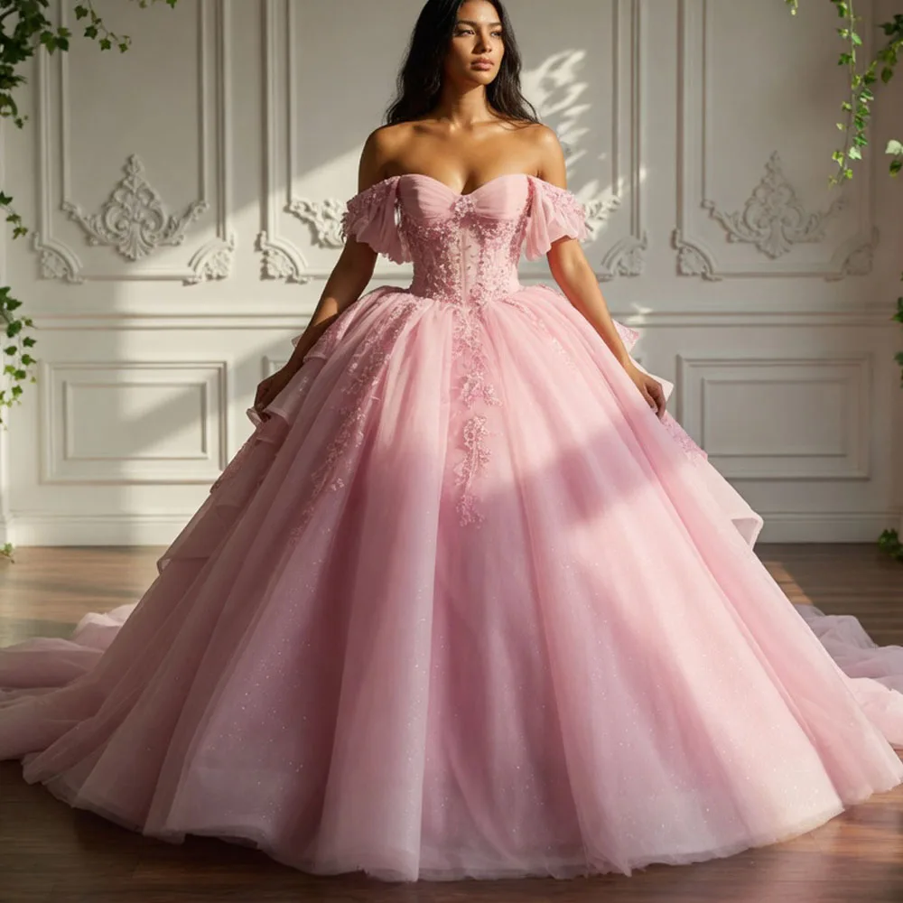 Gorgeous Pink Off-The-Shoulder Sweetheart Quinceanera Dress with Lace-Up Back Sequined Beading Embroidery Appliques
Gorgeous Pink Off-The-Shoulder Sweetheart Quinceanera Dress with Lace-Up Back Sequined Beading Embroidery Appliques