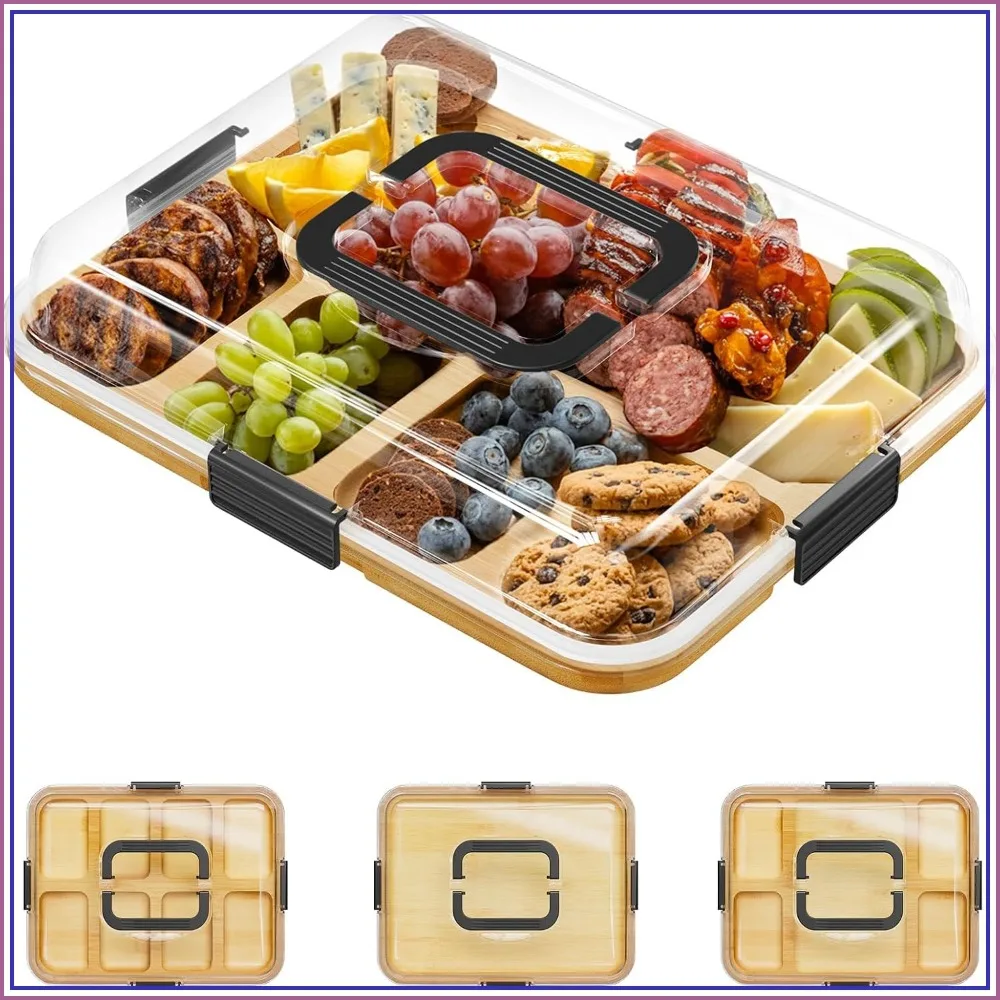 Charcuterie Board with Clear Lid, Portable Travel Cheese Cutting Board, Bamboo Serving Tray with Lids, 8 Compartments, Black Handles, House Warming Gift
Charcuterie Board with Clear Lid, Portable Travel Cheese Cutting Board, Bamboo Serving Tray with Lids, 8 Compartments, Black Handles, House Warming Gift