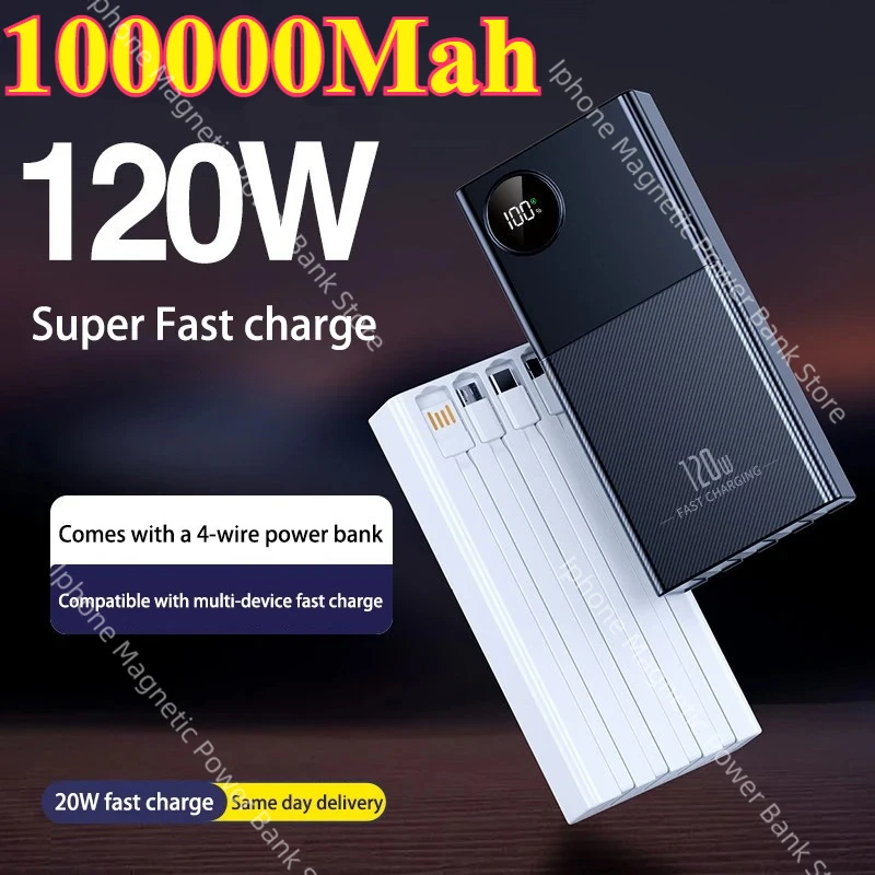100000 мАч Power Bank большой емкости 120 Вт Портативные зарядные устройства для быстрой зарядки с четырьмя кабелями Внешний аккумулятор для Xiaomi iPhone
100000 мАч Power Bank большой емкости 120 Вт Портативные зарядные устройства для быстрой зарядки с четырьмя кабелями Внешний аккумулятор для Xiaomi iPhone