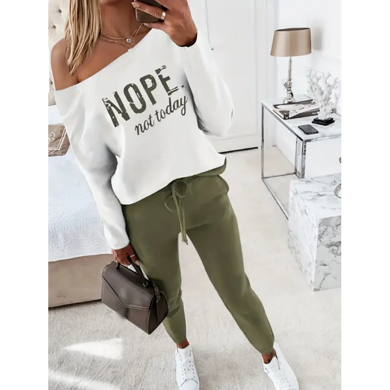 Fashion Letter Printed T Shirt Pants 2piece Women Sexy Diagonal Shoulder Long Sleeve Leisure Sports Small Feet Pants Female Suit
Fashion Letter Printed T Shirt Pants 2piece Women Sexy Diagonal Shoulder Long Sleeve Leisure Sports Small Feet Pants Female Suit