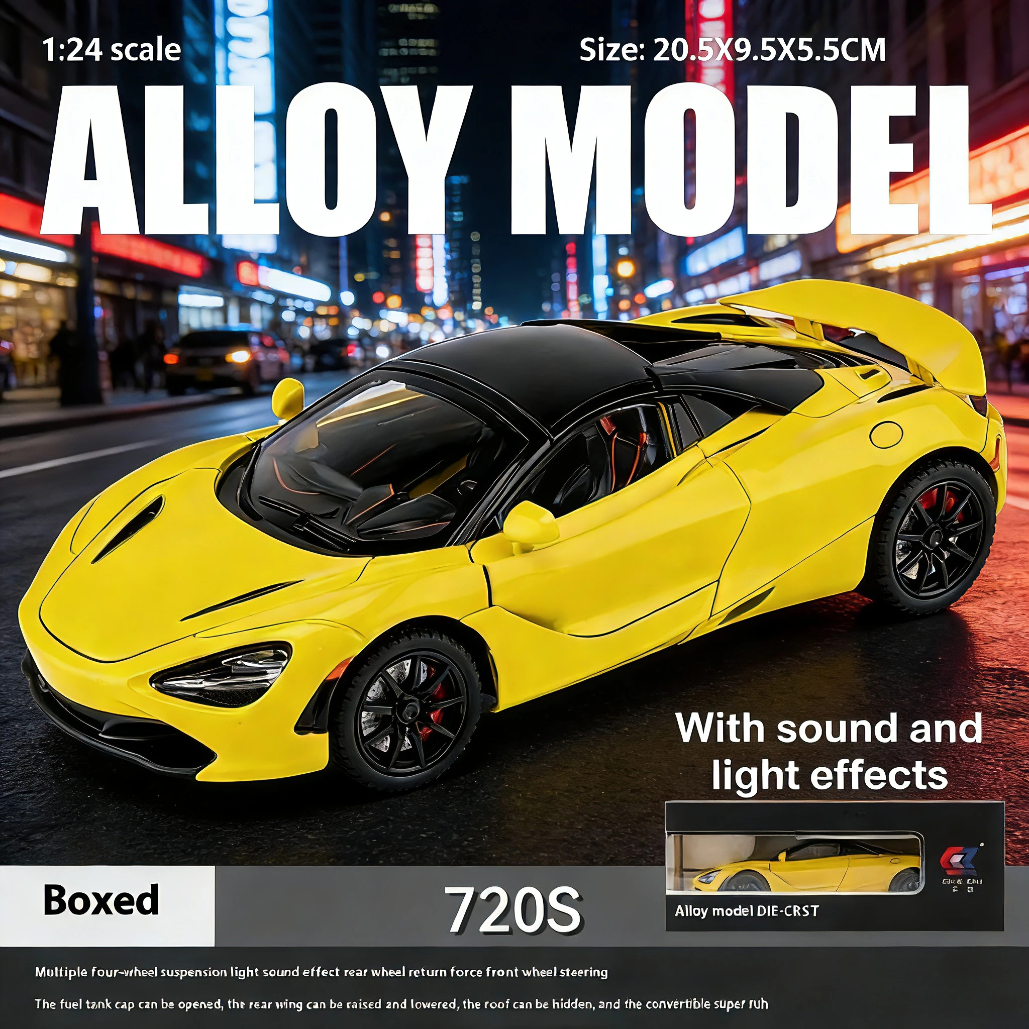 Масштабная модель спортивного автомобиля 720-х годов из литого под давлением сплава, с четырьмя колесами и функцией амортизации, подарочной коробкой.
Масштабная модель спортивного автомобиля 720-х годов из литого под давлением сплава, с четырьмя колесами и функцией амортизации, подарочной коробкой.