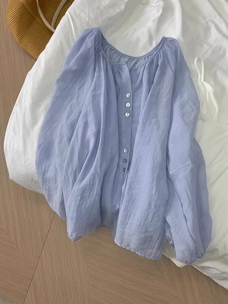 Blue Korean Style Linen Silk Sun Protection Shirt Women Summer Thin round Neck Loose Slimming Breathable Air Conditioning Top
Blue Korean Style Linen Silk Sun Protection Shirt Women Summer Thin round Neck Loose Slimming Breathable Air Conditioning Top