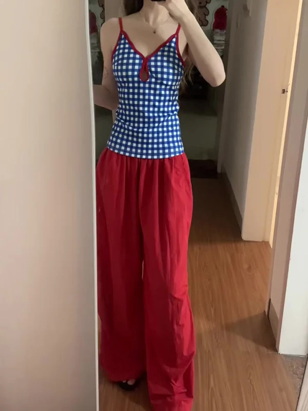 Dopamine Blue Plaid Strap Vest High Waist Red Wide Leg Pants Women's Style Fashion Set V-neck Long Pants Summer Collection
Dopamine Blue Plaid Strap Vest High Waist Red Wide Leg Pants Women's Style Fashion Set V-neck Long Pants Summer Collection
