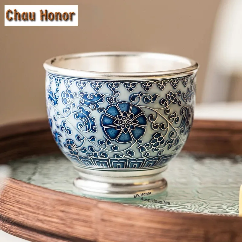 120ML Handmade Gilded Silver Ceramic Teacup Chinese Blue and White Dragon Master Cup Jianzhan Mug Kung Fu Teaware Utensil Gifts
120ML Handmade Gilded Silver Ceramic Teacup Chinese Blue and White Dragon Master Cup Jianzhan Mug Kung Fu Teaware Utensil Gifts