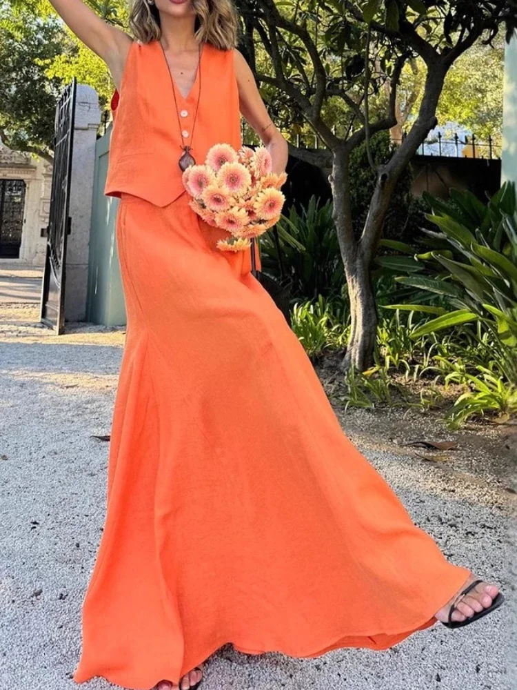 Summer New Female Sleeveless Top Fashion Solid Color Office Ladies Loose Dress Outfits Women's Chic Vest Long Skirt 2-Piece Set
Summer New Female Sleeveless Top Fashion Solid Color Office Ladies Loose Dress Outfits Women's Chic Vest Long Skirt 2-Piece Set