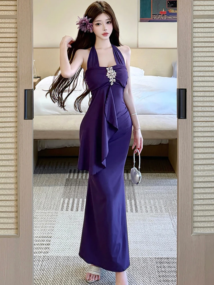 Women Purple Elegant Diamonds Neck-mounted Sexy Long Dress Summer Chic Ruffled Luxury Evening Dress 2026 Korean Vintage Vestidos
Women Purple Elegant Diamonds Neck-mounted Sexy Long Dress Summer Chic Ruffled Luxury Evening Dress 2026 Korean Vintage Vestidos