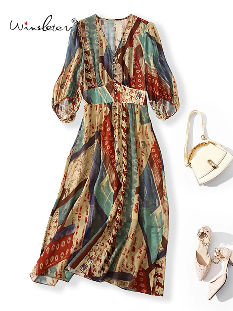 Winsleter-Women 100%Real Silk Elegant Dress, V Neck 3/4 Sleeve Print, Retro Temperament Commute Dresses, 2025 Summer D57312CC
Winsleter-Women 100%Real Silk Elegant Dress, V Neck 3/4 Sleeve Print, Retro Temperament Commute Dresses, 2025 Summer D57312CC