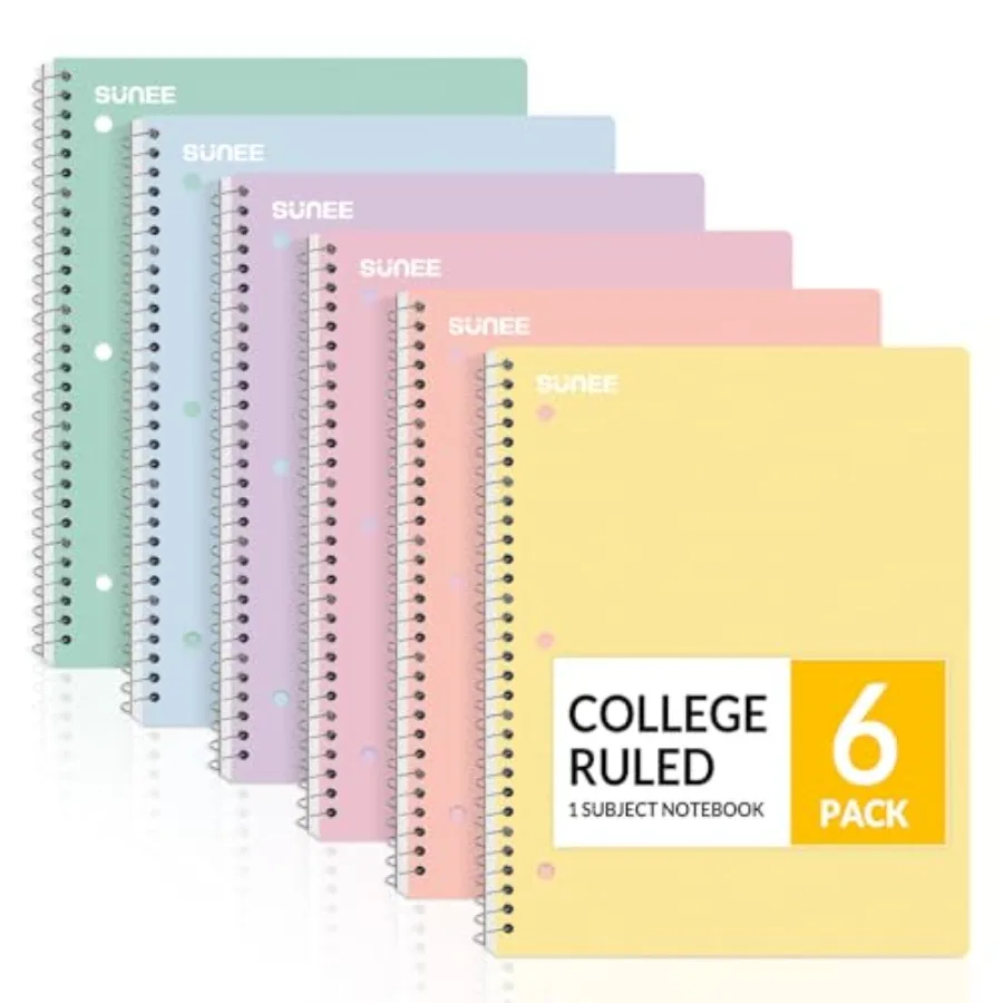 Spiral Notebooks, 6 Pack, 1-Subject, College Ruled Paper, 8" x 10-1/2", 70 Sheets per Notebook, Assorted Pastel Colors Spiral N
Spiral Notebooks, 6 Pack, 1-Subject, College Ruled Paper, 8" x 10-1/2", 70 Sheets per Notebook, Assorted Pastel Colors Spiral N