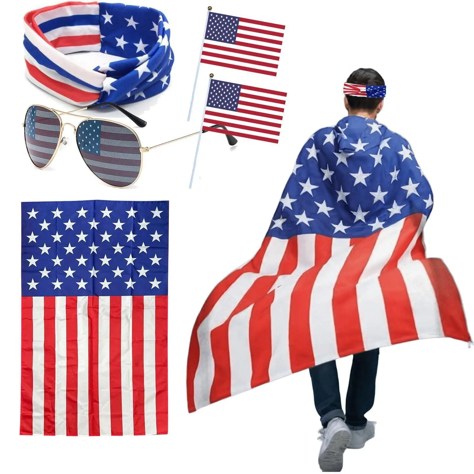 American Flag Costume Set USA Stars Stripes Cape with Headband Wristbands Sunglasses Accessories Kit for Independence Day
American Flag Costume Set USA Stars Stripes Cape with Headband Wristbands Sunglasses Accessories Kit for Independence Day 