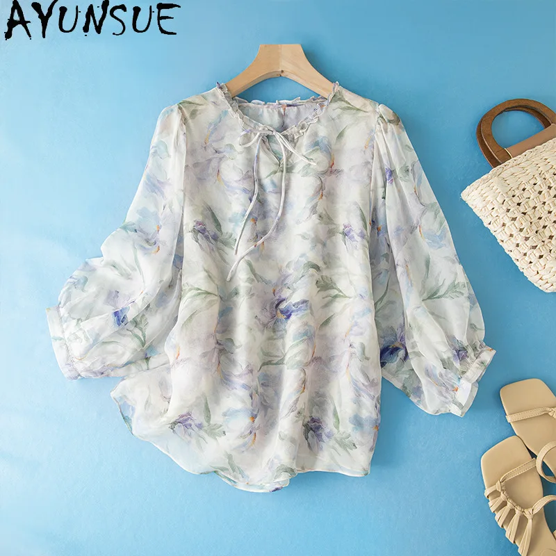 AYUNSUE 100% Silk Women's Blouses and Shirts French Printed Lace-up Tops for Woman Elegant Pullover Blouse Woman Clothes 블라우스
AYUNSUE 100% Silk Women's Blouses and Shirts French Printed Lace-up Tops for Woman Elegant Pullover Blouse Woman Clothes 블라우스