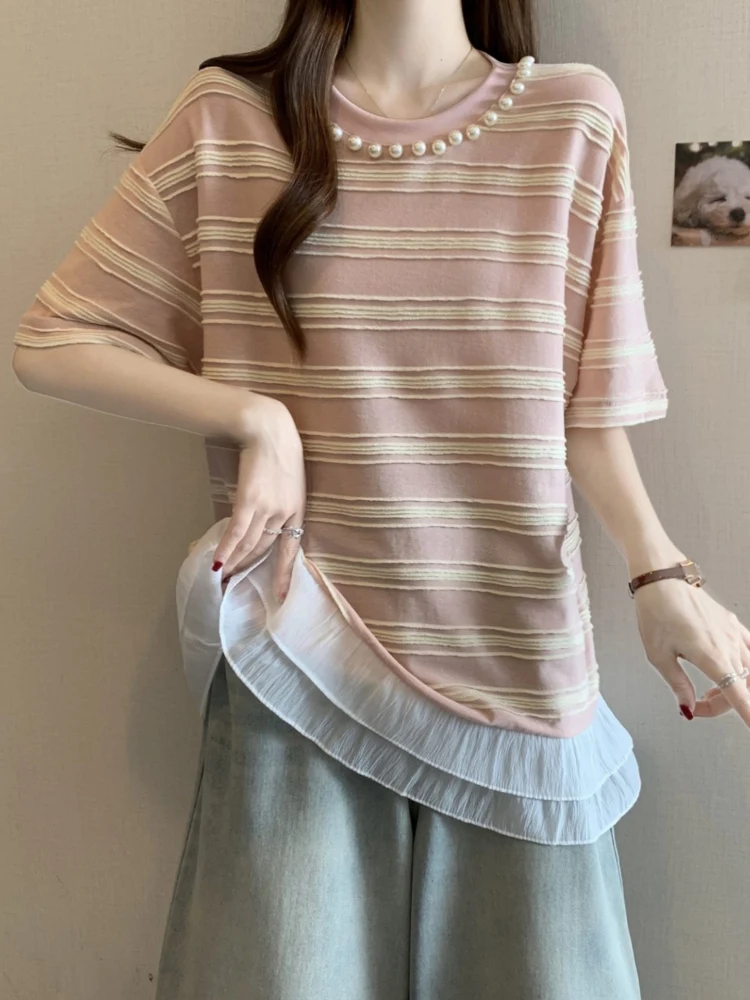 Summer Loose Large Size Women's T-irt Lace Splicing ort Sve Striped Design Sense Slimming Belly Covering Top
Summer Loose Large Size Women's T-irt Lace Splicing ort Sve Striped Design Sense Slimming Belly Covering Top