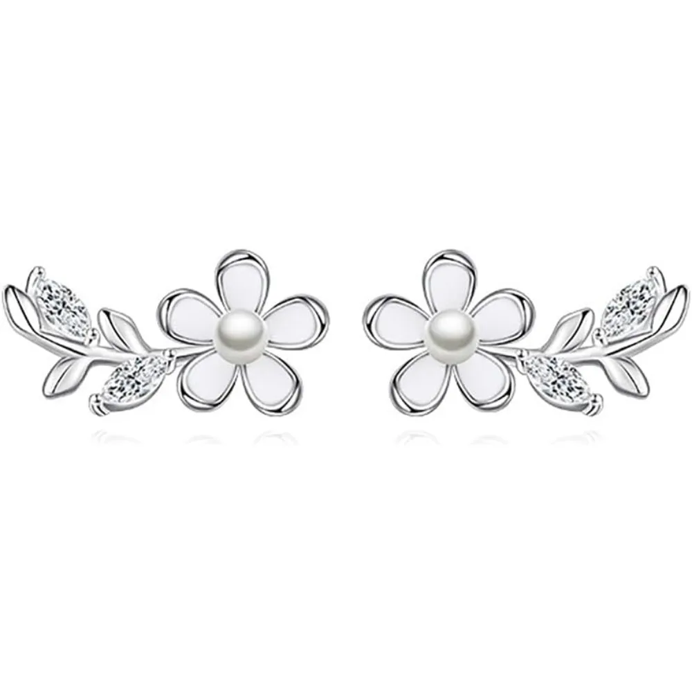 Solid 925 Sterling Silver Flower Stud Earrings with CZ Leaf and Simulated Pearl for Women Teen Girls
Solid 925 Sterling Silver Flower Stud Earrings with CZ Leaf and Simulated Pearl for Women Teen Girls