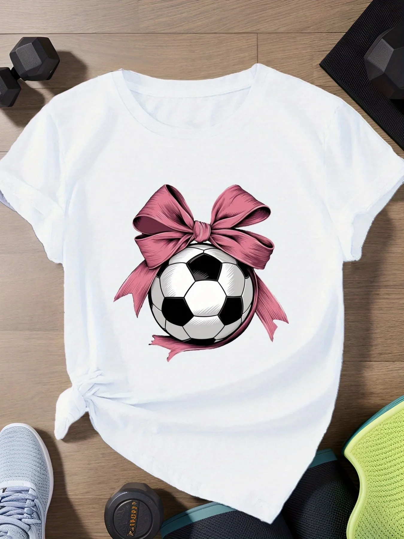 Plus size women's short sleeve T-shirt Soccer Ball With Pink Bow Everyday comfortable and versatile style summer outfits
Plus size women's short sleeve T-shirt Soccer Ball With Pink Bow Everyday comfortable and versatile style summer outfits