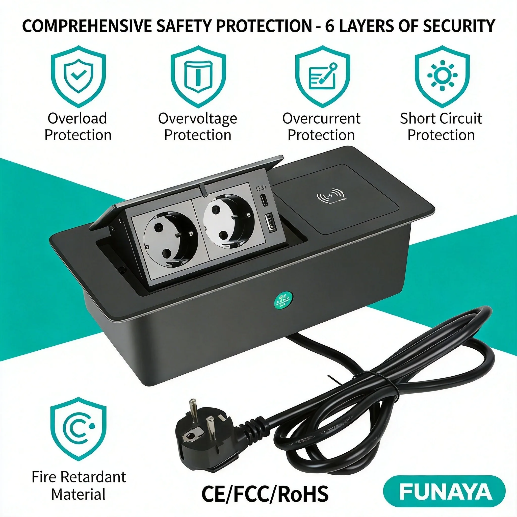 FUNAYA Pop Up Built-in Table EU KR Type-C Socket Embedded Hidden Desktop Power Extension Outlet with USB A C Wireless Charging
FUNAYA Pop Up Built-in Table EU KR Type-C Socket Embedded Hidden Desktop Power Extension Outlet with USB A C Wireless Charging
