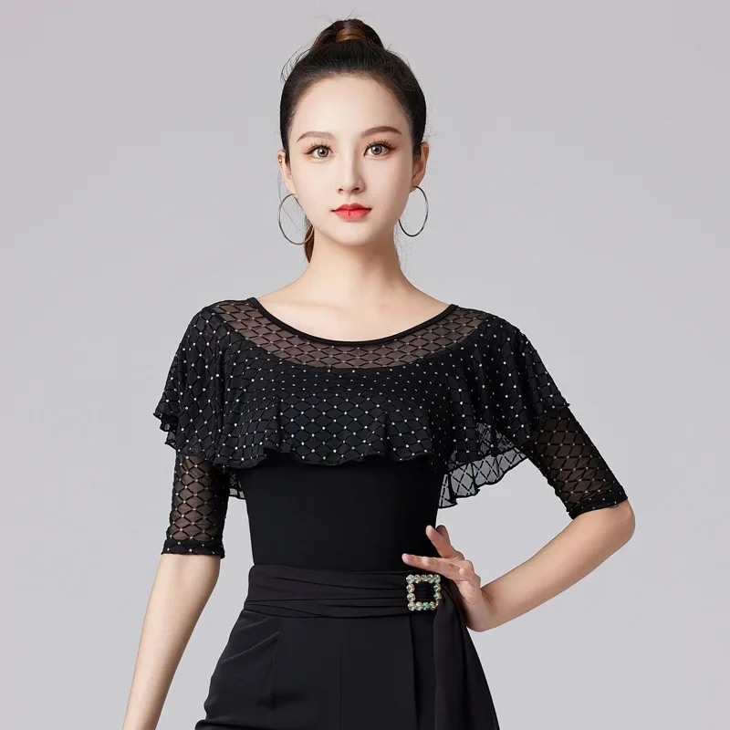 Latin dance coat round neck modern dance costume ruffled sleeve waltz training suit top
Latin dance coat round neck modern dance costume ruffled sleeve waltz training suit top