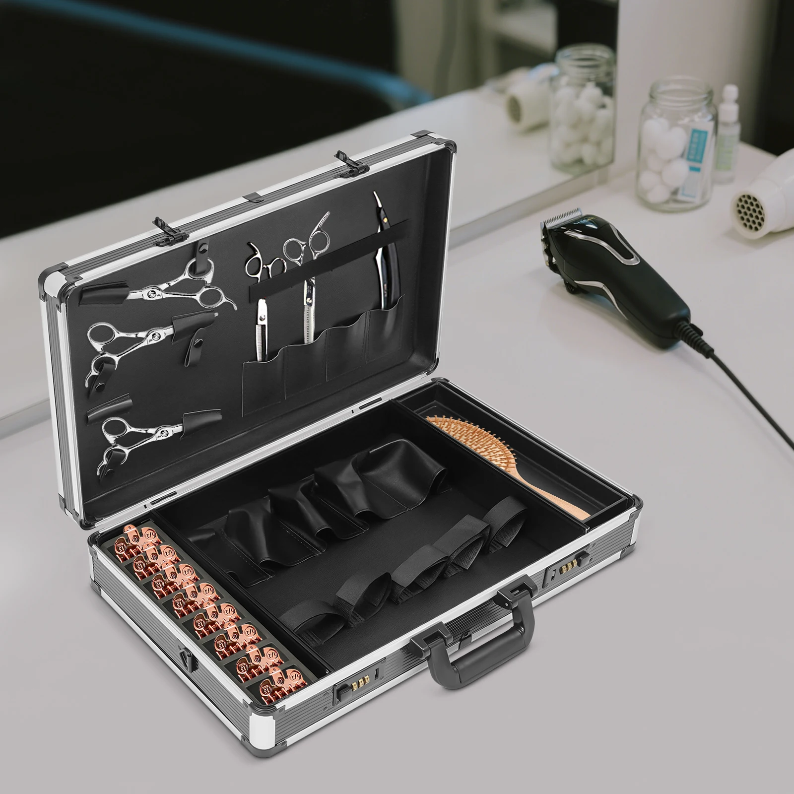 Portable Large Hairdressing Case Black White Striped Makeup Storage Box with Combination Locks for Barber Stylist Salon Travel
Portable Large Hairdressing Case Black White Striped Makeup Storage Box with Combination Locks for Barber Stylist Salon Travel