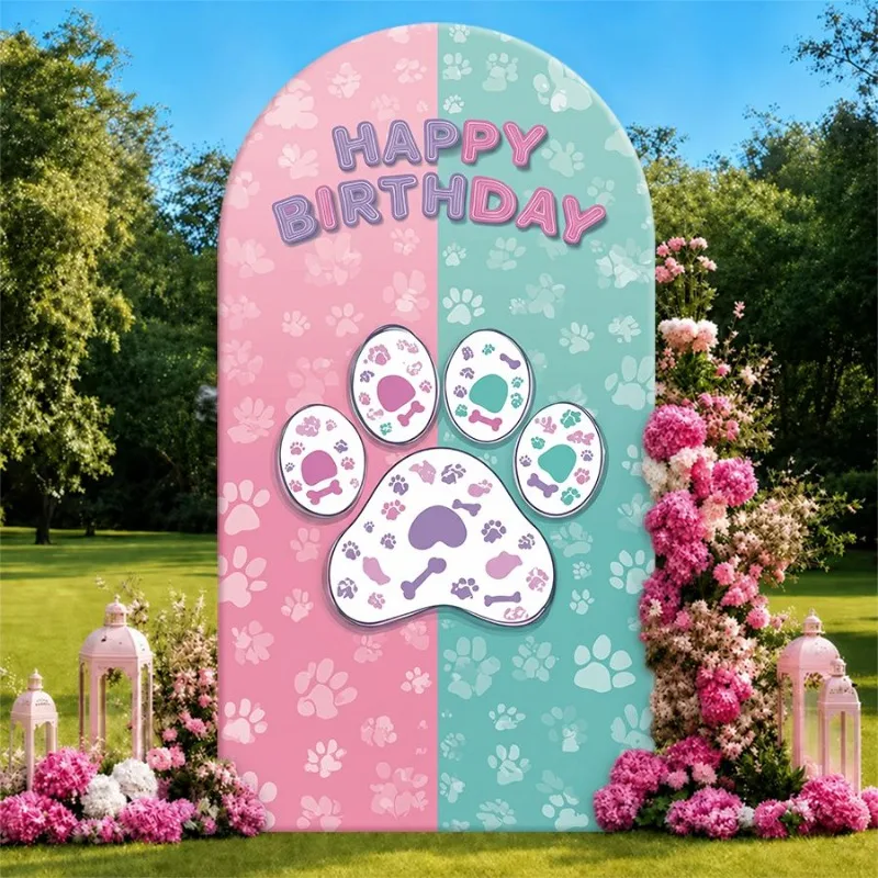 Single Side Arch Backdrop Cover Happy Birthday themed backdrop featuring dual pink and teal panels with paw print motifs
Single Side Arch Backdrop Cover Happy Birthday themed backdrop featuring dual pink and teal panels with paw print motifs