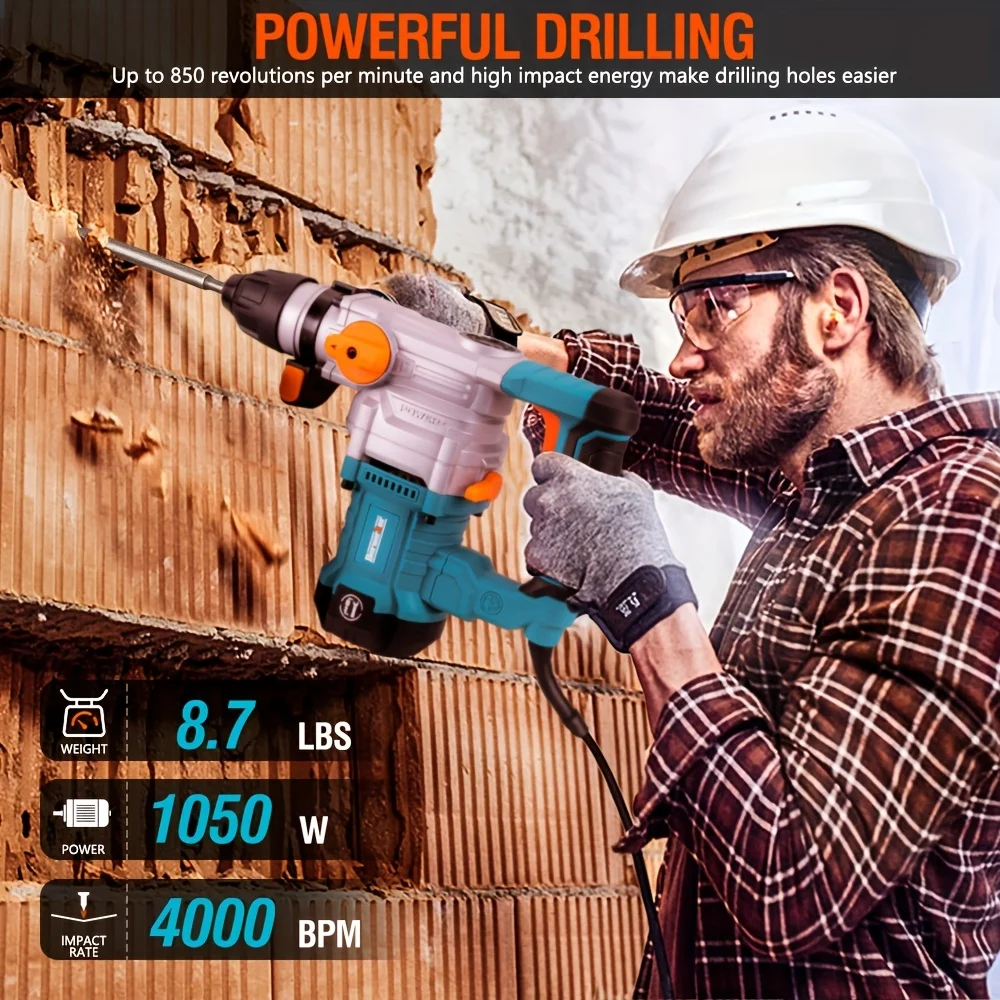 1-1/8" SDS Plus 26mm Rotary Hammer Drill, 1050W, 120V 60Hz, with Safety Clutch, 850 RPM & 4000 BPM, 3 Functions Corded Rotomartillo for Concrete - Includes Drill Chuck, 3 Drill Bits, Flat Chisel, Point Chisel, Carrying Case
1-1/8" SDS Plus 26mm Rotary Hammer Drill, 1050W, 120V 60Hz, with Safety Clutch, 850 RPM & 4000 BPM, 3 Functions Corded Rotomartillo for Concrete - Includes Drill Chuck, 3 Drill Bits, Flat Chisel, Point Chisel, Carrying Case