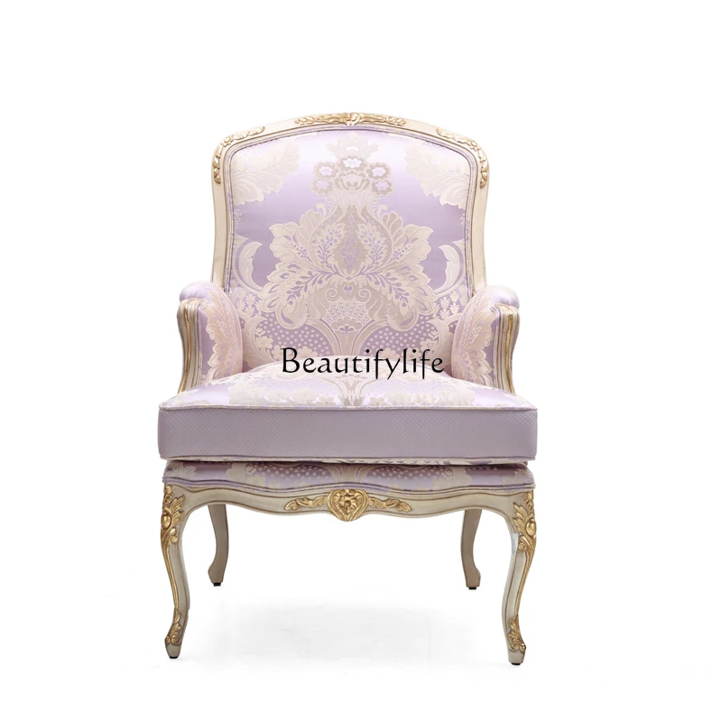 French romantic solid wood carving single chair European court living room balcony purple fabric
French romantic solid wood carving single chair European court living room balcony purple fabric