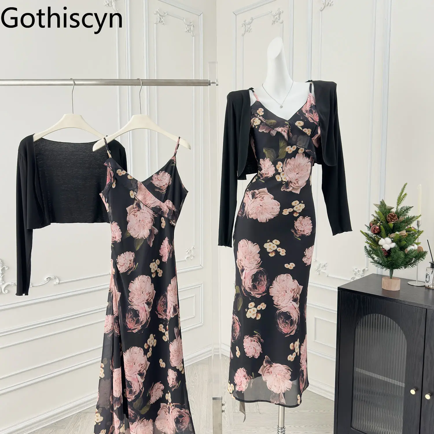 Gothiscyn Elegant Set Women's Summer Slim Fit Floral Strap Dress Long-sleeved Cardigan Two-piece Set Fashion Female Clothes
Gothiscyn Elegant Set Women's Summer Slim Fit Floral Strap Dress Long-sleeved Cardigan Two-piece Set Fashion Female Clothes