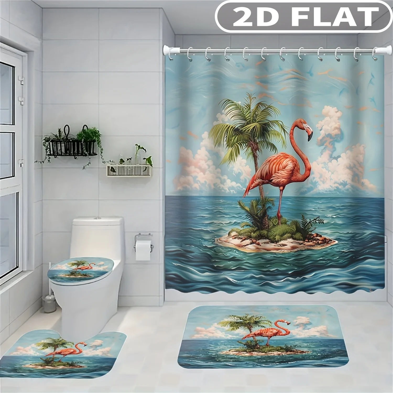 1pc/ 4pcs 2D FLAT Flamingo Island Palm Ocean Pattern Shower Curtain Set, Accessories with Bath Mat, U-shaped Mat, Toilet Lid Co
1pc/ 4pcs 2D FLAT Flamingo Island Palm Ocean Pattern Shower Curtain Set, Accessories with Bath Mat, U-shaped Mat, Toilet Lid Co