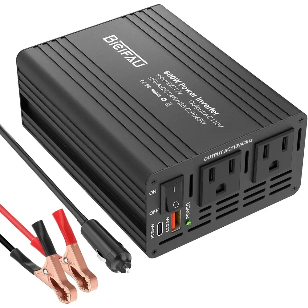 600W 12V to 110V DC to AC Car Power Inverter with 65W USB-C and 24W USB-A Charging
600W 12V to 110V DC to AC Car Power Inverter with 65W USB-C and 24W USB-A Charging