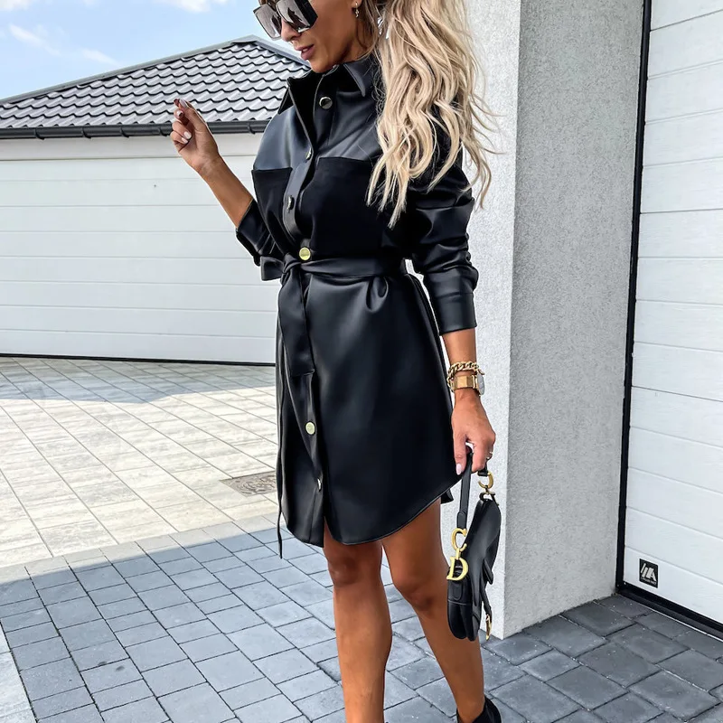 explosive single-breasted lapel sexy laced PU leather dresses long-sleeved dress niche senior Women's dresses autumn and winter
explosive single-breasted lapel sexy laced PU leather dresses long-sleeved dress niche senior Women's dresses autumn and winter
